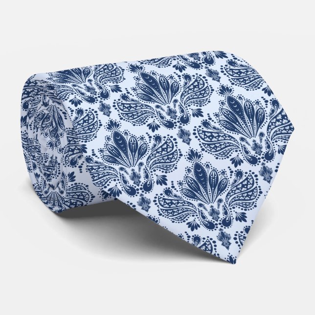 Navy & Light Blue Floral Damasks Pattern Neck Tie (Rolled)