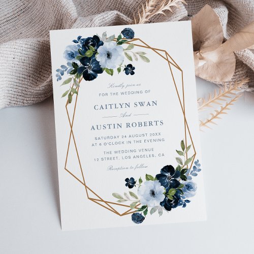 Navy  light blue floral geometric wedding invitation