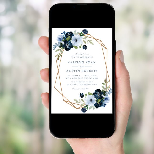 Navy & light blue floral geometric wedding invitation (Front Digital)