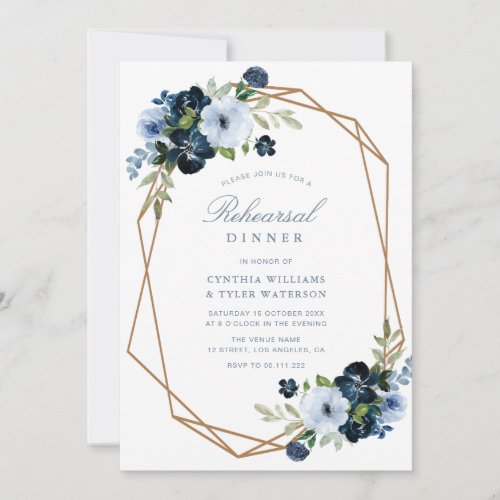 navy light blue floral rehearsal dinner invitation