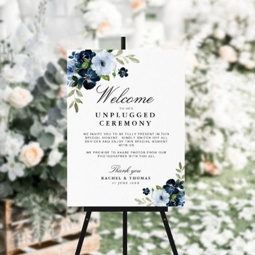 navy light blue floral unplugged ceremony sign