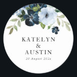 navy & light blue floral wedding classic round sticker<br><div class="desc">navy and light blue floral wedding sticker. The text details and colors can be edited.</div>