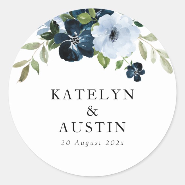 navy & light blue floral wedding classic round sticker (Front)