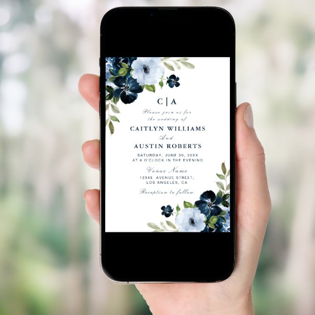 navy light blue floral wedding invitation (Front Digital)