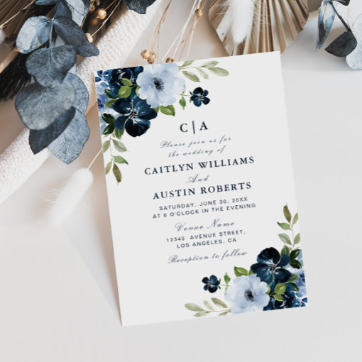 Navy Light Blue Floral Wedding Invitation 