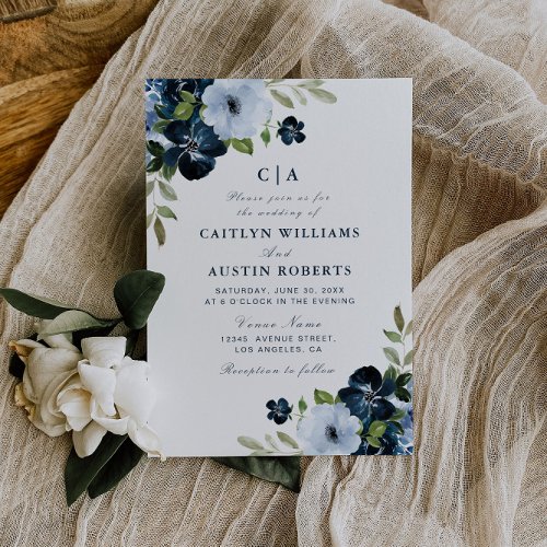 navy light blue floral wedding invitation