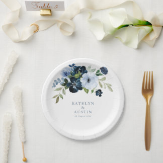 navy & light blue floral wedding paper plates