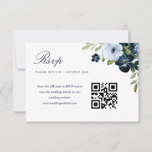 navy light blue floral wedding QR code rsvp card