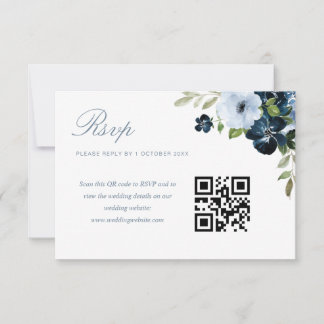 navy & light blue floral wedding QR code rsvp card