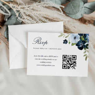 navy light blue floral wedding QR code rsvp card