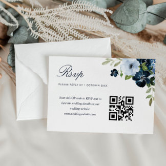 navy light blue floral wedding QR code rsvp card