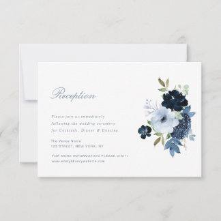 navy light blue floral wedding reception card
