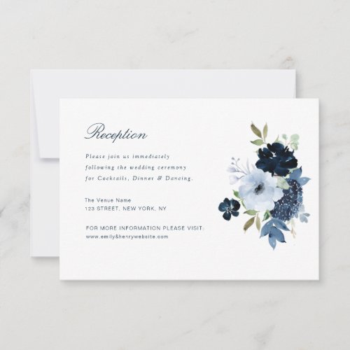 navy  light blue floral wedding reception card