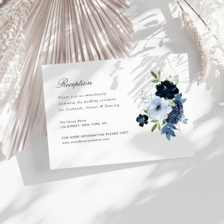 navy & light blue floral wedding reception card