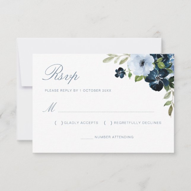 navy & light blue floral wedding rsvp card (Front)