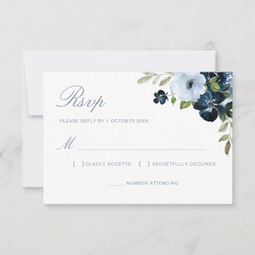 navy  light blue floral wedding rsvp card
