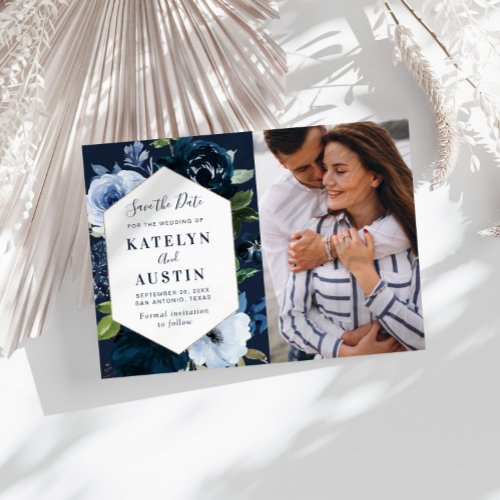 navy light blue floral wedding save the date card