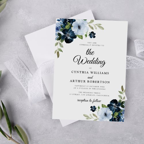 Navy light blue flowers script wedding  invitation