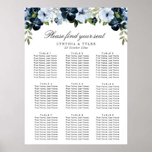 navy light blue flowers wedding seating chart