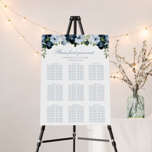 navy  light blue flowers wedding seating chart foam board