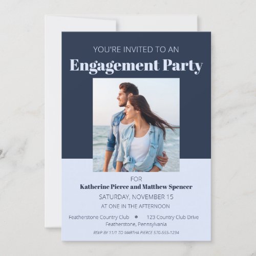 Navy Light Blue Minimalist Photo Engagement Party Invitation