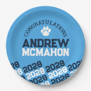 Navy & Light Blue Pawprint Half Repeat Graduation Paper Plates