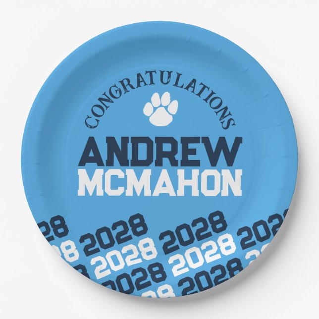 Navy & Light Blue Pawprint Half Repeat Graduation Paper Plates (Front)