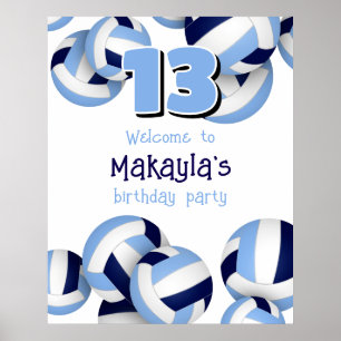 navy light blue volleyballs kids birthday party poster
