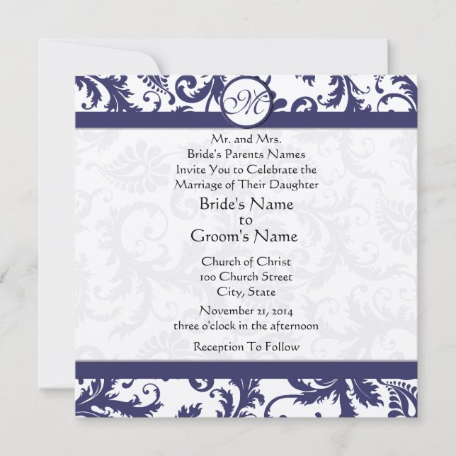 Navy Light Damask Swirls Wedding Invitation (Front)