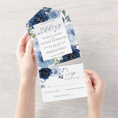 Navy  Light Dusty Blue Flowers Wedding RSVP All In One Invitation