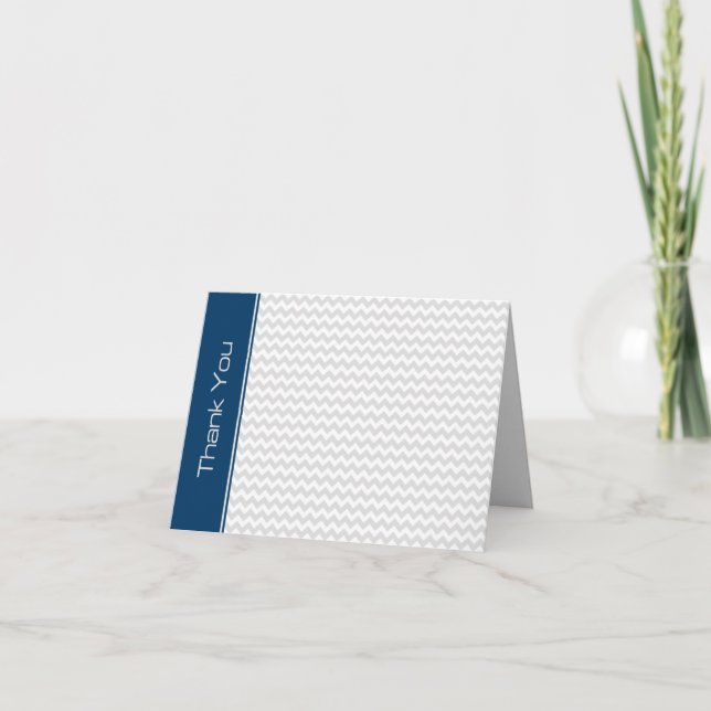 Navy Light Gray Chevron Thank You Note Card (Front)