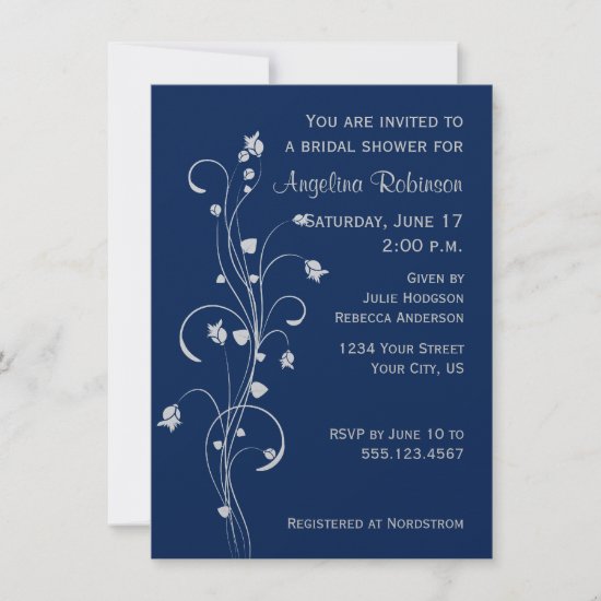 Navy Light Gray Floral Design Bridal Shower Invite