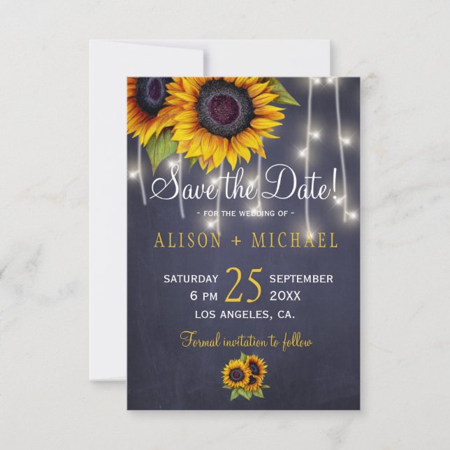 Navy light rustic sunflowers save the date wedding (Front)