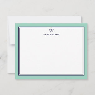 NAVY & LIGHT TEAL Classic Monogram Double Frame Note Card