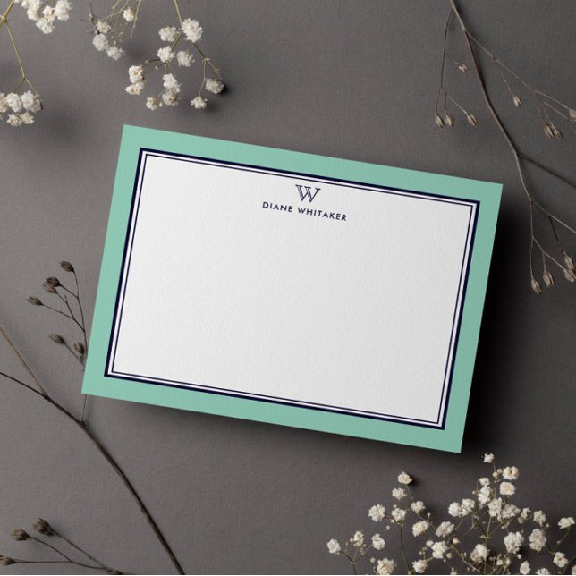 NAVY & LIGHT TEAL Classic Monogram Double Frame Note Card (Creator Uploaded)