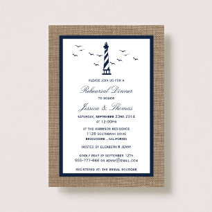 Navy Lighthouse & Burlap Nautical Rehearsal Dinner Invitation