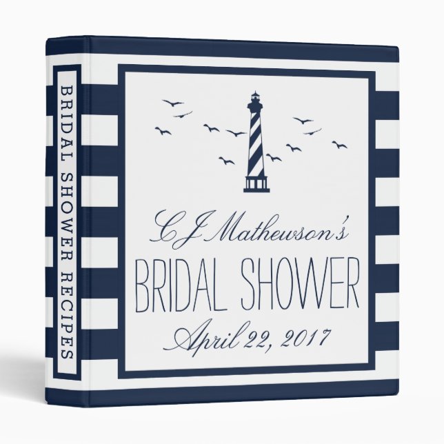 Navy Lighthouse Nautical Bridal Shower Recipe 3 Ring Binder (Front/Spine)