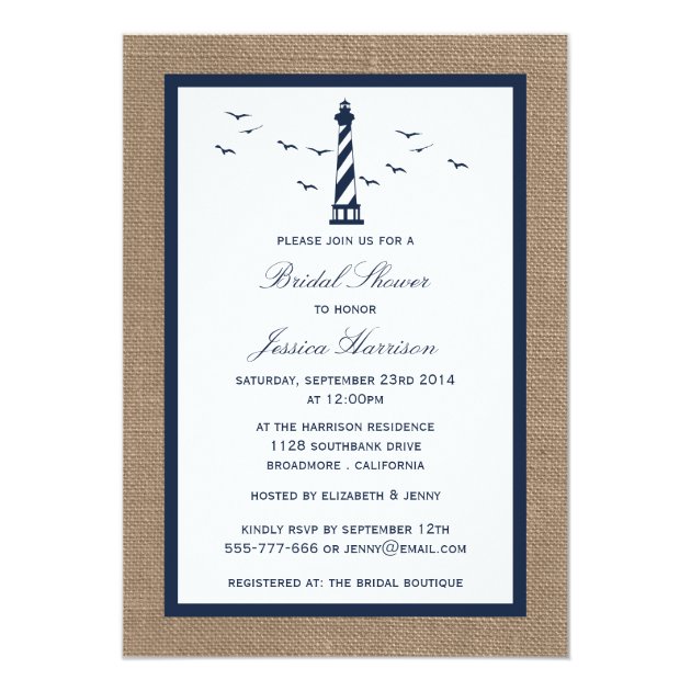 Navy Lighthouse On Burlap Nautical Bridal Shower Invitation