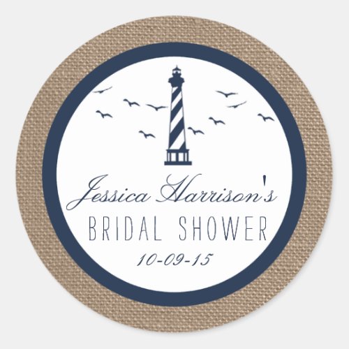 Navy Lighthouse On Burlap Nautical Bridal Shower Classic Round Sticker