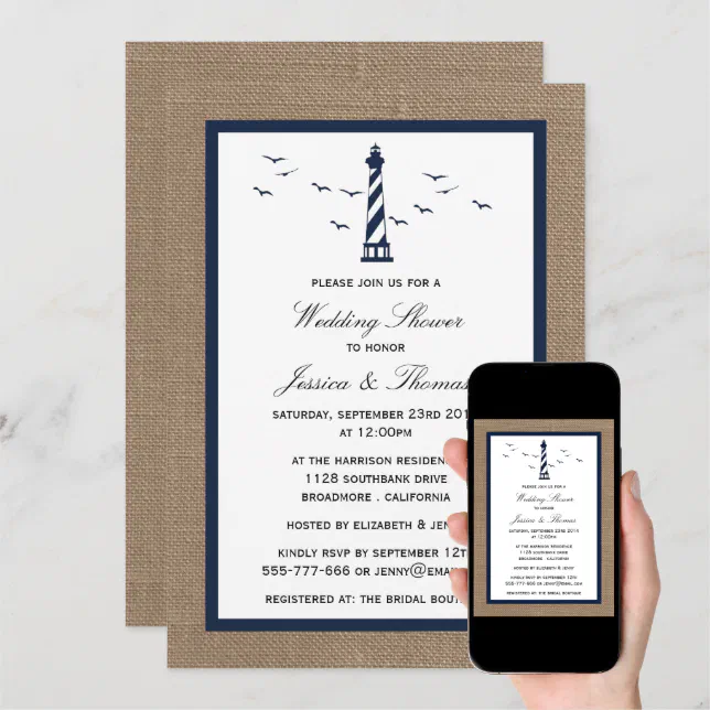 Navy Lighthouse On Burlap Nautical Wedding Shower Invitation Zazzle
