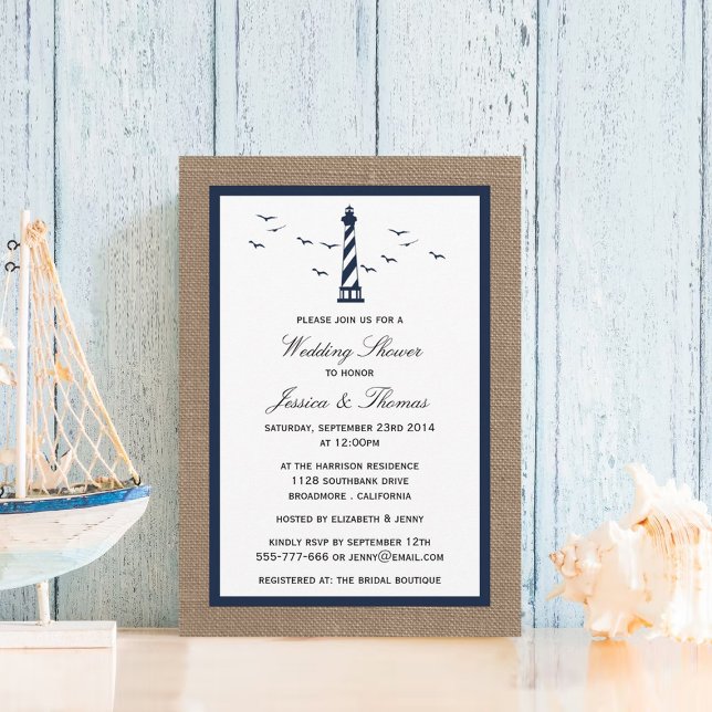 Navy Lighthouse On Burlap Nautical Wedding Shower Invitation (Creator Uploaded)