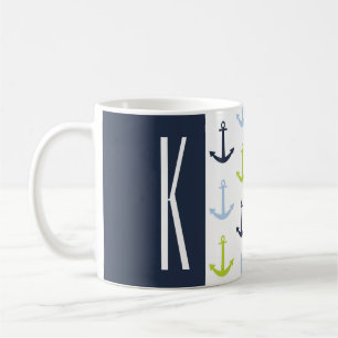 Navy, Lime Green, & Baby Blue Nautical Anchors Coffee Mug