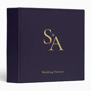 Navy Linen Cloth Gold Monogram Wedding Planner 3 Ring Binder