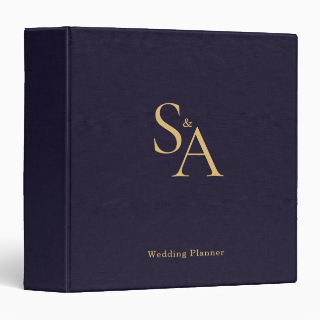 Navy Linen Cloth Gold Monogram Wedding Planner 3 Ring Binder (Front/Spine)