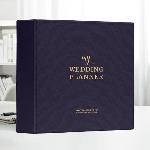 Navy Linen Cloth Gold Typography Wedding Planner 3 Ring Binder