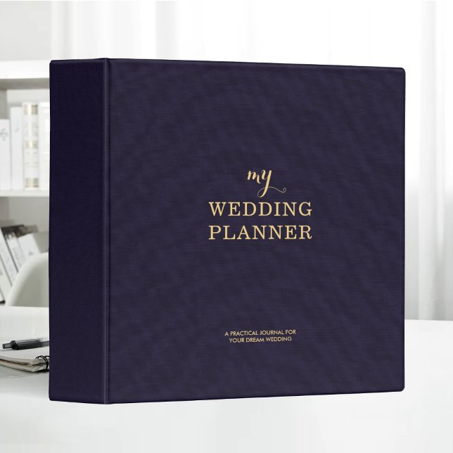 Navy Linen Cloth Gold Typography Wedding Planner 3 Ring Binder (Creator Uploaded)