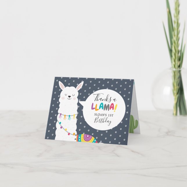 Navy Llama Cactus Photo Thank You Card (Front)
