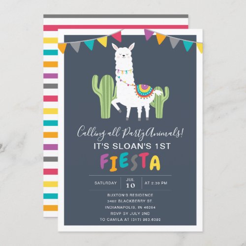 Navy Llama Fiesta Birthday Party Invitation