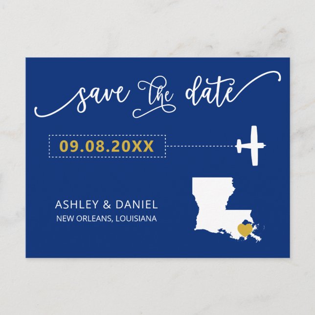 Navy Louisiana Wedding Save the Date Map Postcard (Front)