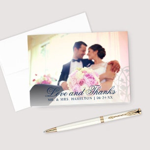 Navy Love and Thanks Heart Script Wedding Thank You Card